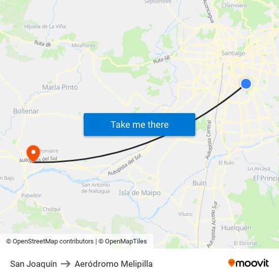 San Joaquín to Aeródromo Melipilla map