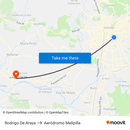 Rodrigo De Araya to Aeródromo Melipilla map