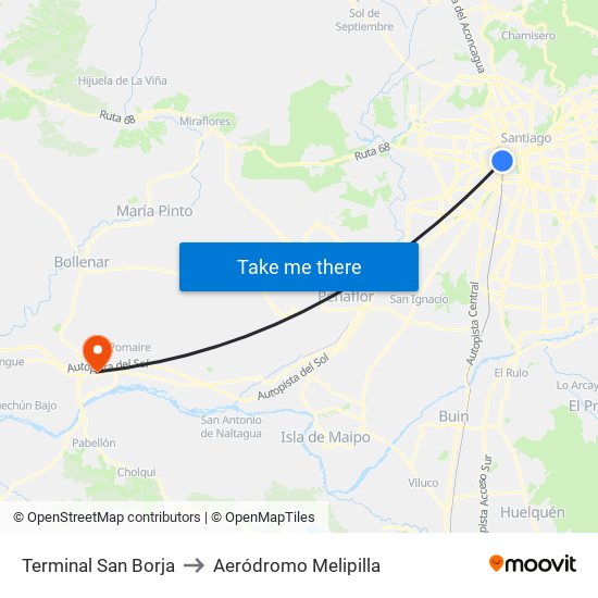 Terminal San Borja to Aeródromo Melipilla map