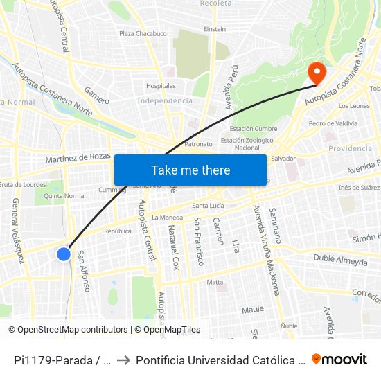 Pi1179-Parada / Terminal San Borja to Pontificia Universidad Católica De Chile - Campus Lo Contador map