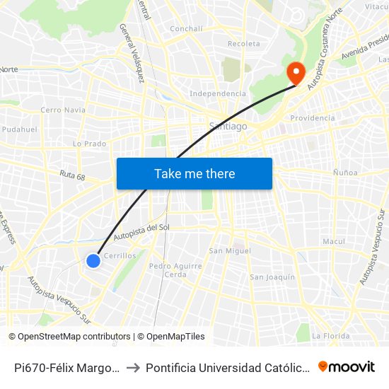 Pi670-Félix Margoz / Esq. Los Copihues to Pontificia Universidad Católica De Chile - Campus Lo Contador map