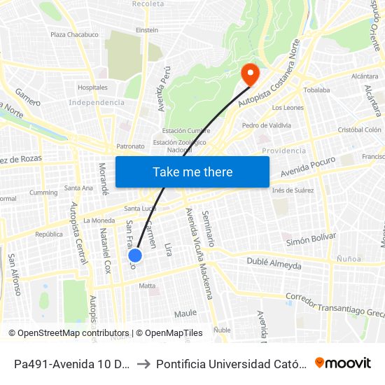 Pa491-Avenida 10 De Julio / Esq. San Francisco to Pontificia Universidad Católica De Chile - Campus Lo Contador map