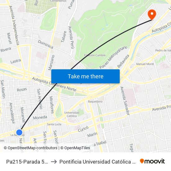 Pa215-Parada 5 / (M) La Moneda to Pontificia Universidad Católica De Chile - Campus Lo Contador map