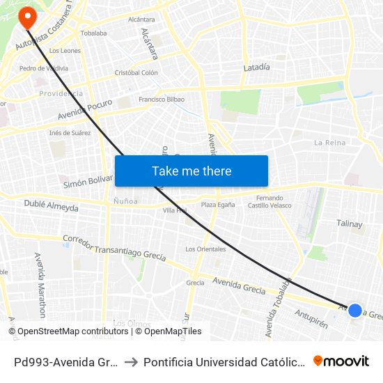 Pd993-Avenida Grecia / Esq. Jacarandá to Pontificia Universidad Católica De Chile - Campus Lo Contador map