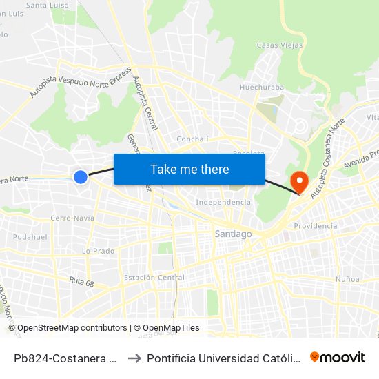 Pb824-Costanera Norte / Esq. Valle Alegre to Pontificia Universidad Católica De Chile - Campus Lo Contador map