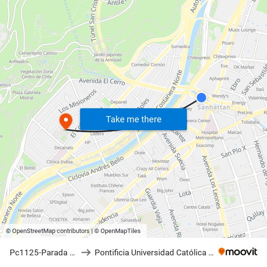 Pc1125-Parada / Costanera Center to Pontificia Universidad Católica De Chile - Campus Lo Contador map
