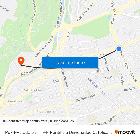 Pc74-Parada 6 / (M) Escuela Militar to Pontificia Universidad Católica De Chile - Campus Lo Contador map