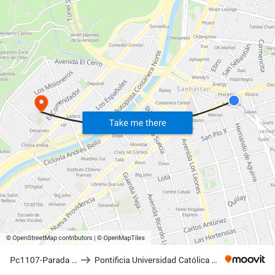 Pc1107-Parada 6 / (M) Tobalaba to Pontificia Universidad Católica De Chile - Campus Lo Contador map