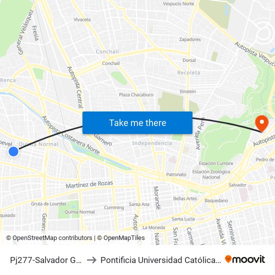 Pj277-Salvador Gutiérrez / Esq. Radal to Pontificia Universidad Católica De Chile - Campus Lo Contador map