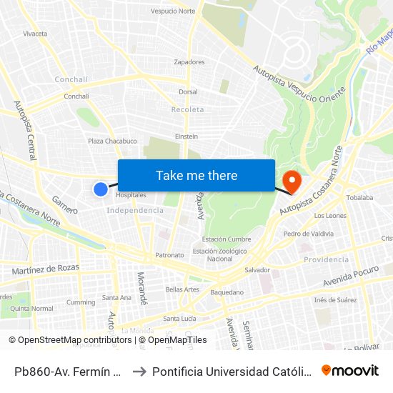 Pb860-Av. Fermín Vivaceta / Esq. El Molino to Pontificia Universidad Católica De Chile - Campus Lo Contador map