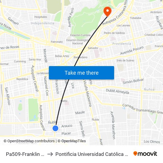 Pa509-Franklin / Esq. San Diego to Pontificia Universidad Católica De Chile - Campus Lo Contador map