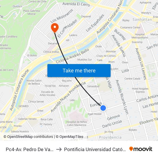 Pc4-Av. Pedro De Valdivia / Esq. Carlos Antúnez to Pontificia Universidad Católica De Chile - Campus Lo Contador map