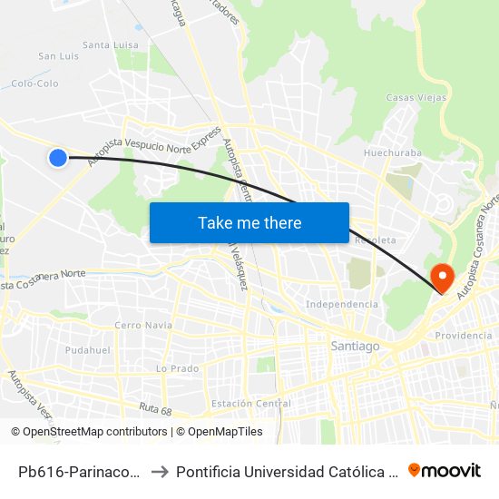 Pb616-Parinacota / Esq. Antillanca to Pontificia Universidad Católica De Chile - Campus Lo Contador map