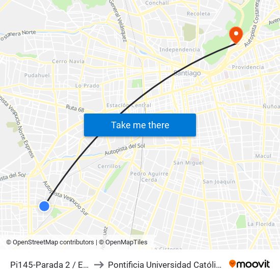 Pi145-Parada 2 / Estadio Santiago Bueras to Pontificia Universidad Católica De Chile - Campus Lo Contador map
