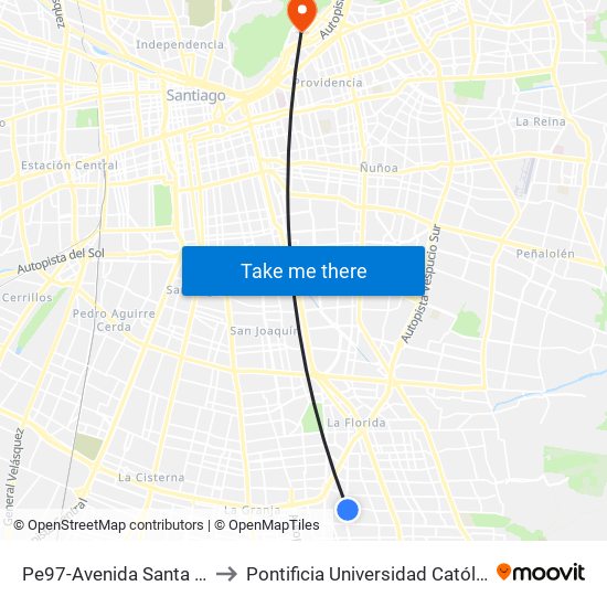 Pe97-Avenida Santa Raquel / Esq. Santa Amalia to Pontificia Universidad Católica De Chile - Campus Lo Contador map