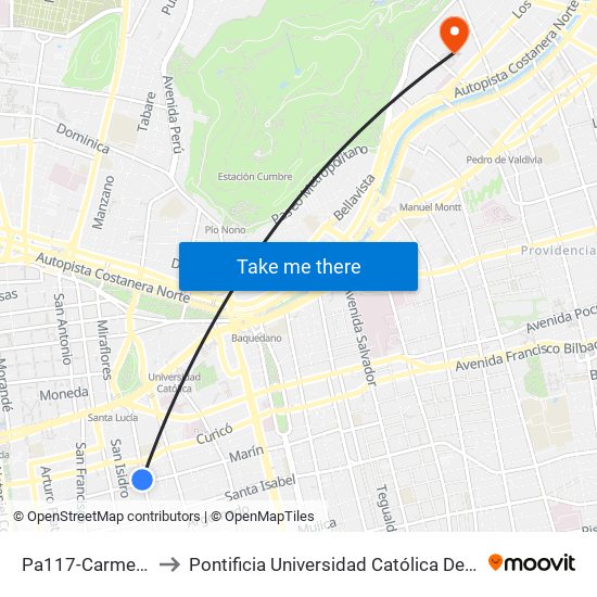 Pa117-Carmen / Esq. Marín to Pontificia Universidad Católica De Chile - Campus Lo Contador map