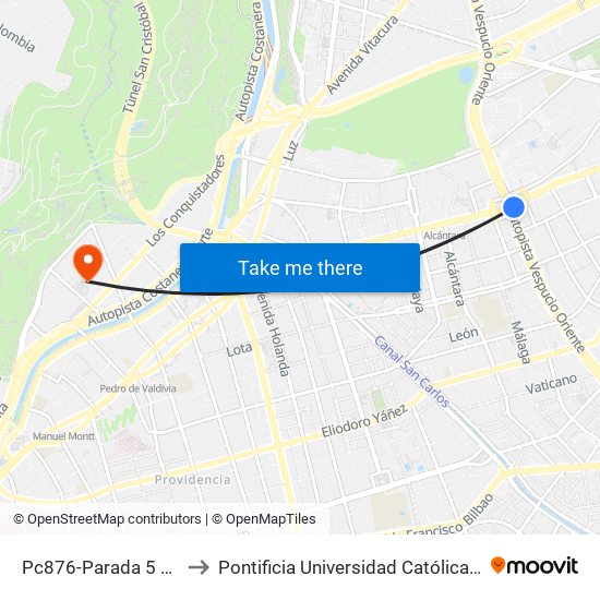 Pc876-Parada 5 / (M) Escuela Militar to Pontificia Universidad Católica De Chile - Campus Lo Contador map