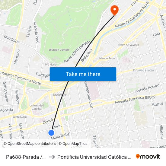 Pa688-Parada / Claustro Del 900 to Pontificia Universidad Católica De Chile - Campus Lo Contador map