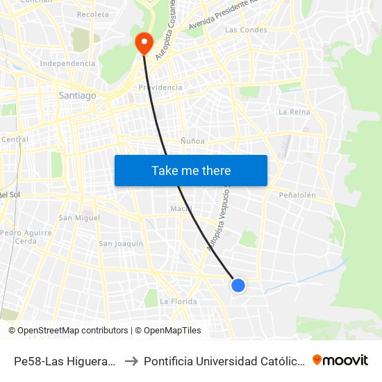 Pe58-Las Higueras / Esq. Volcán Llaima to Pontificia Universidad Católica De Chile - Campus Lo Contador map