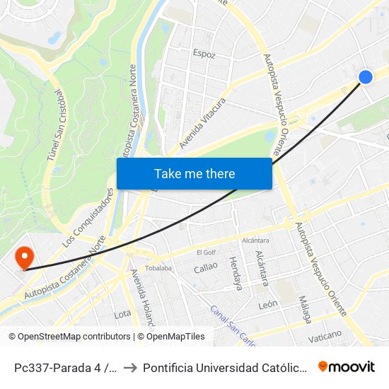 Pc337-Parada 4 / Mall Parque Arauco to Pontificia Universidad Católica De Chile - Campus Lo Contador map