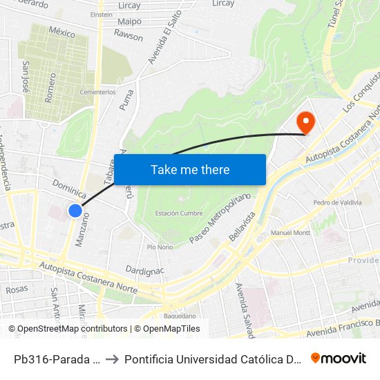 Pb316-Parada / Clínica Dávila to Pontificia Universidad Católica De Chile - Campus Lo Contador map