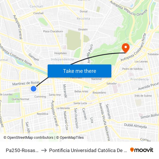 Pa250-Rosas / Esq. Cueto to Pontificia Universidad Católica De Chile - Campus Lo Contador map