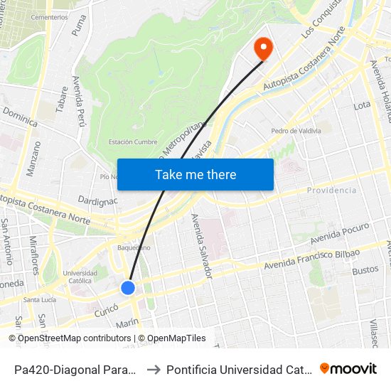 Pa420-Diagonal Paraguay / Esq. Av.Vicuña Mackenna to Pontificia Universidad Católica De Chile - Campus Lo Contador map