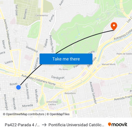 Pa422-Parada 4 / (M) Plaza De Armas to Pontificia Universidad Católica De Chile - Campus Lo Contador map