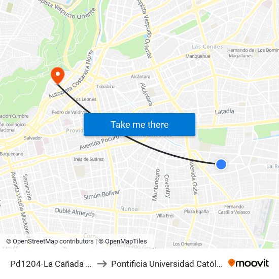 Pd1204-La Cañada / Esq. Monseñor Edwards to Pontificia Universidad Católica De Chile - Campus Lo Contador map