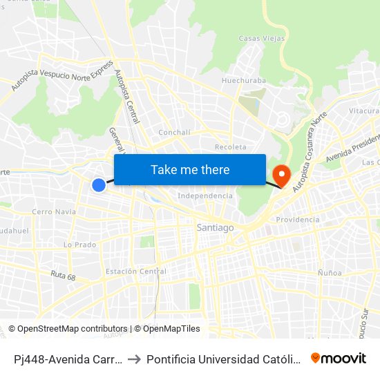Pj448-Avenida Carrascal / Esq. Catamarca to Pontificia Universidad Católica De Chile - Campus Lo Contador map