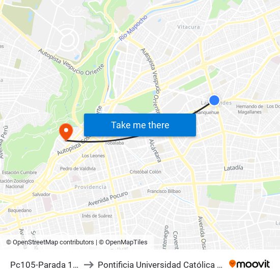 Pc105-Parada 1 / (M) Manquehue to Pontificia Universidad Católica De Chile - Campus Lo Contador map