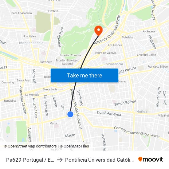 Pa629-Portugal / Esq. Av. Manuel A. Matta to Pontificia Universidad Católica De Chile - Campus Lo Contador map