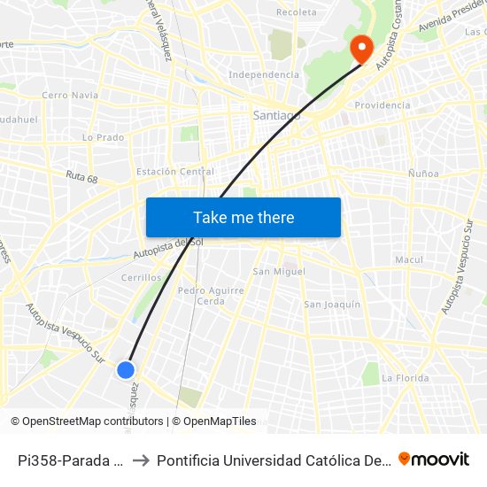 Pi358-Parada / Lider - Oeste to Pontificia Universidad Católica De Chile - Campus Lo Contador map