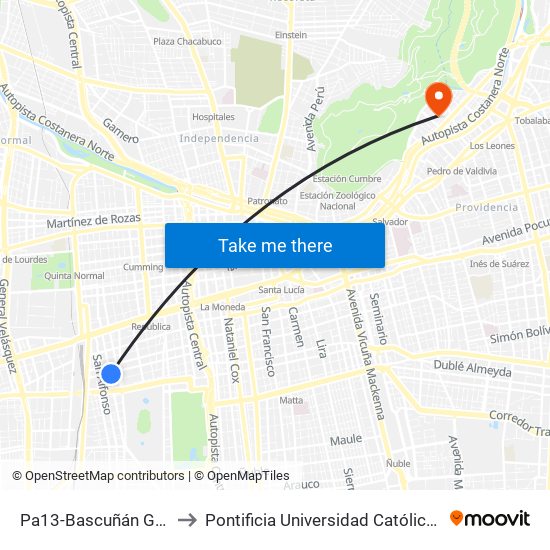 Pa13-Bascuñán Guerrero / Esq. Toesca to Pontificia Universidad Católica De Chile - Campus Lo Contador map