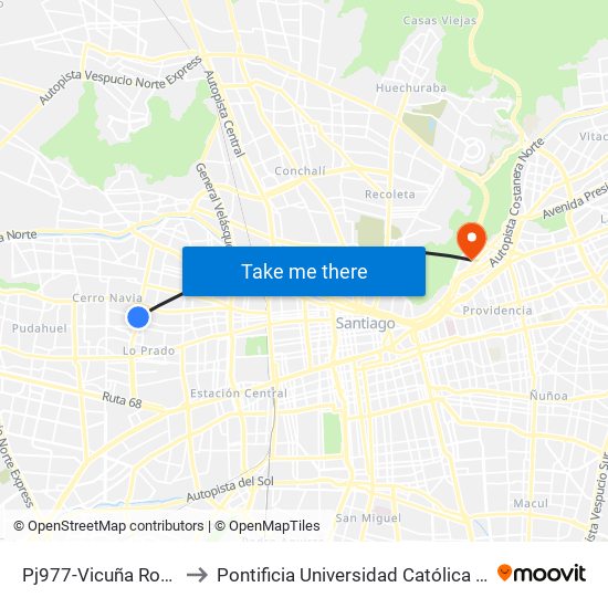 Pj977-Vicuña Rozas / Esq. Neptuno to Pontificia Universidad Católica De Chile - Campus Lo Contador map
