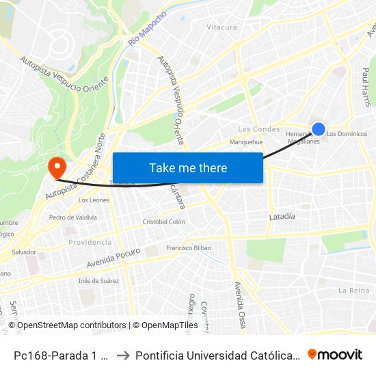 Pc168-Parada 1 / Inacap Apoquindo to Pontificia Universidad Católica De Chile - Campus Lo Contador map