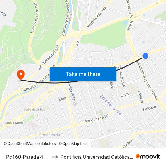 Pc160-Parada 4 / (M) Escuela Militar to Pontificia Universidad Católica De Chile - Campus Lo Contador map