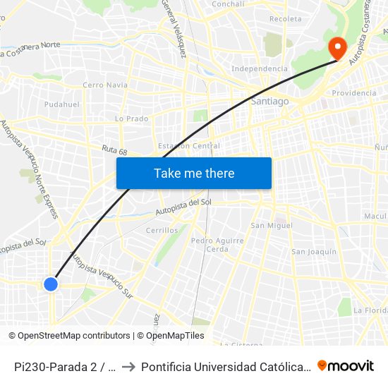 Pi230-Parada 2 / (M) Plaza De Maipú to Pontificia Universidad Católica De Chile - Campus Lo Contador map