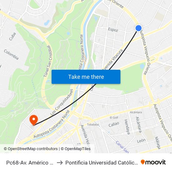 Pc68-Av. Américo Vespucio / Esq. Espoz to Pontificia Universidad Católica De Chile - Campus Lo Contador map