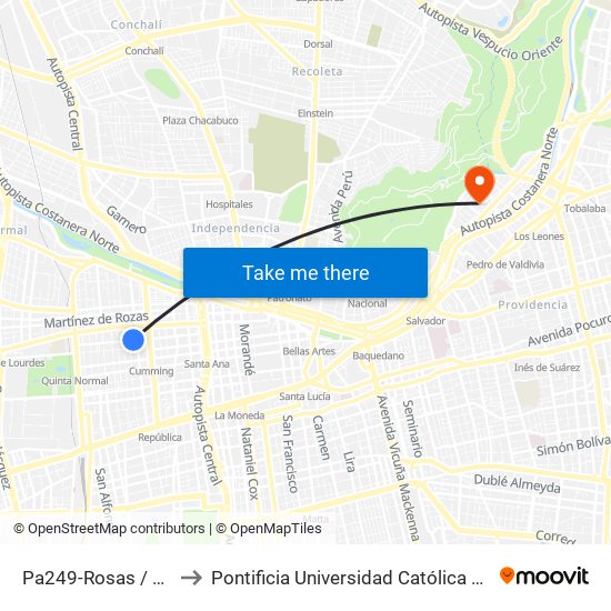 Pa249-Rosas / Esq. García Reyes to Pontificia Universidad Católica De Chile - Campus Lo Contador map