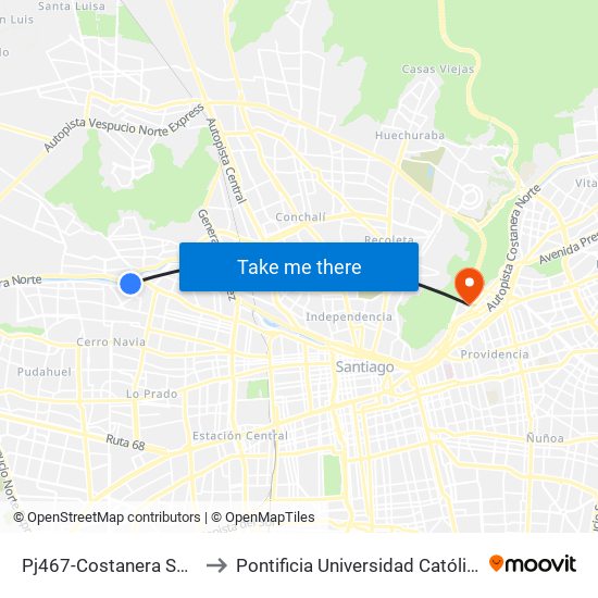 Pj467-Costanera Sur / Esq. Padre Las Casas to Pontificia Universidad Católica De Chile - Campus Lo Contador map