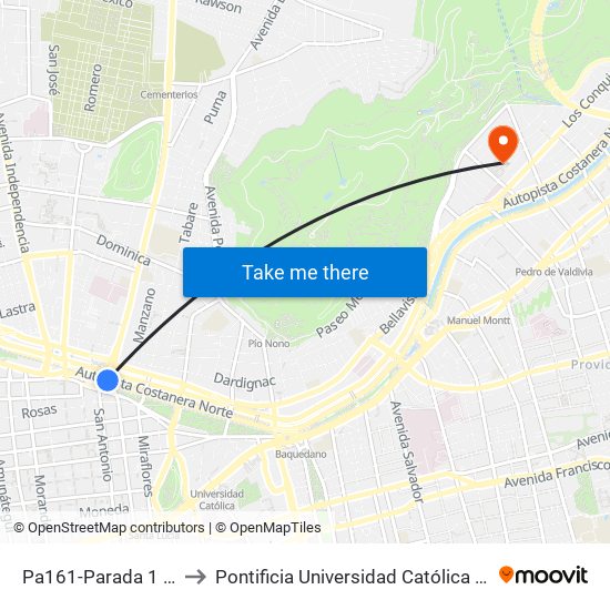 Pa161-Parada 1 / Mercado Central to Pontificia Universidad Católica De Chile - Campus Lo Contador map
