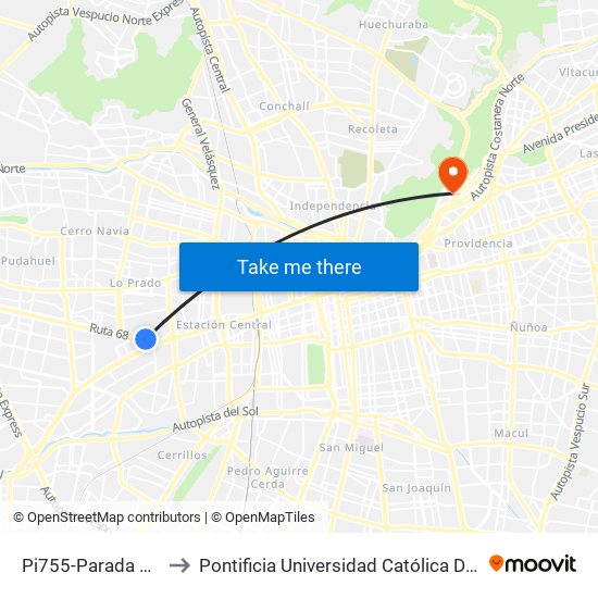 Pi755-Parada 1 / (M) Pajaritos to Pontificia Universidad Católica De Chile - Campus Lo Contador map