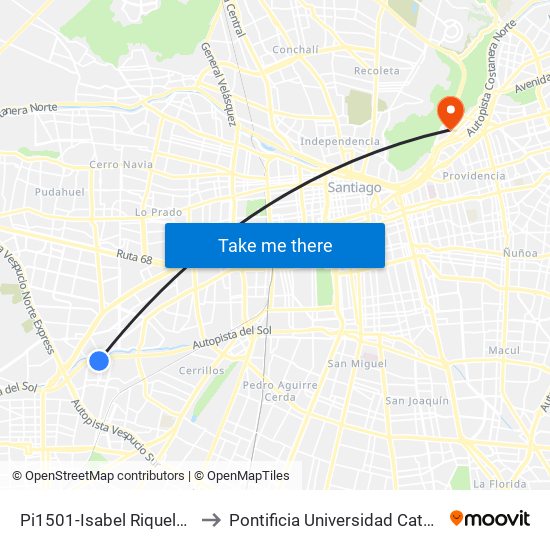 Pi1501-Isabel Riquelme Sur / Esq. Las Golondrinas to Pontificia Universidad Católica De Chile - Campus Lo Contador map