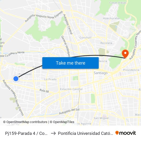 Pj159-Parada 4 / Consultorio Pudahuel -Poniente to Pontificia Universidad Católica De Chile - Campus Lo Contador map