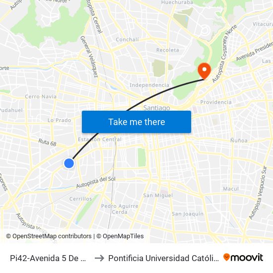 Pi42-Avenida 5 De Abril / Esq. Av. Aeropuerto to Pontificia Universidad Católica De Chile - Campus Lo Contador map