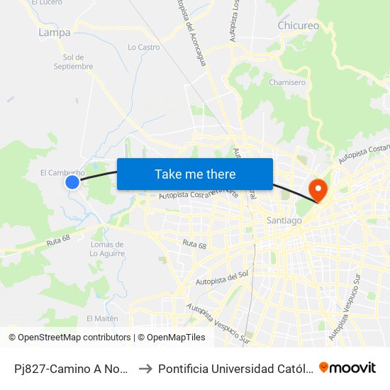 Pj827-Camino A Noviciado / Esq. Simón Bolívar to Pontificia Universidad Católica De Chile - Campus Lo Contador map