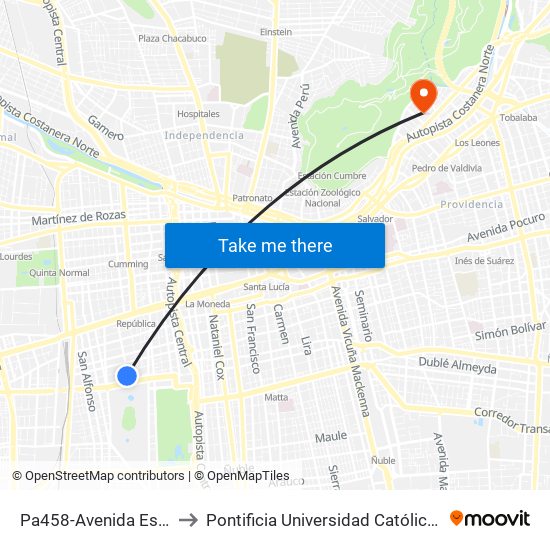 Pa458-Avenida España / Esq. Domeyko to Pontificia Universidad Católica De Chile - Campus Lo Contador map