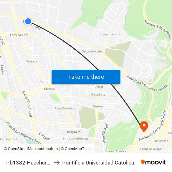 Pb1382-Huechuraba / Esq. Canberra to Pontificia Universidad Católica De Chile - Campus Lo Contador map