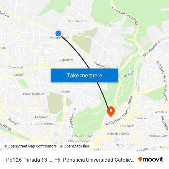 Pb126-Parada 13 / (M) Vespucio Norte to Pontificia Universidad Católica De Chile - Campus Lo Contador map